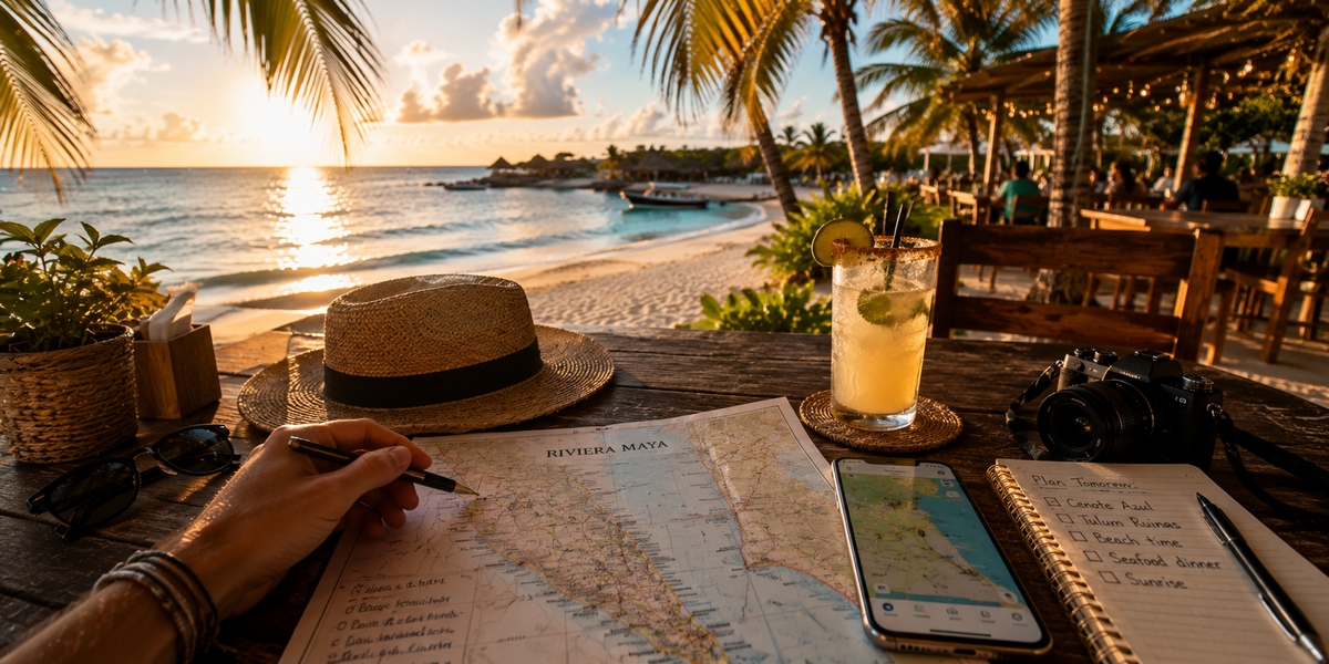 Quiet Riviera Maya shoreline that pictures an unhurried afternoon between excursions