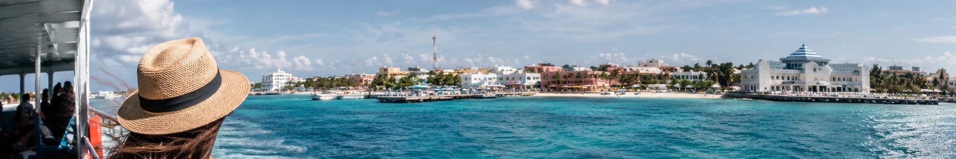 Riviera Maya planning scene with island ferry, Caribbean beach and Tulum coast for a 7-day itinerary