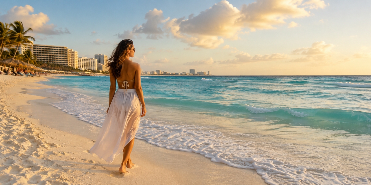 Wide Cancun beach with calm water, the kind of payoff that sits a short flight from southern U.S. host cities
