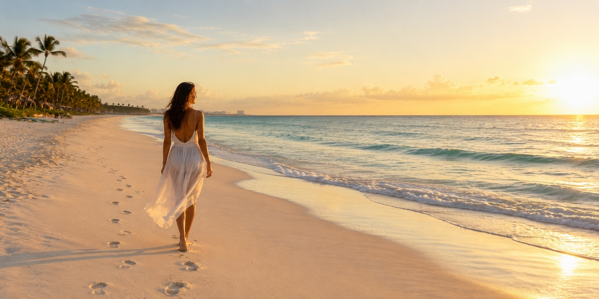 Calm Cancun shoreline at a quiet hour, the kind of underpriced low-season morning a short add-on is built around