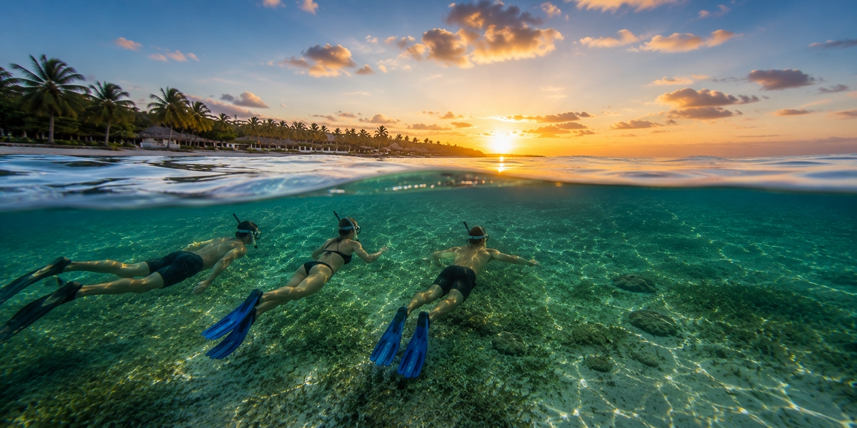 Early morning at Akumal Bay with clear calm water before the mid-morning crowds arrive