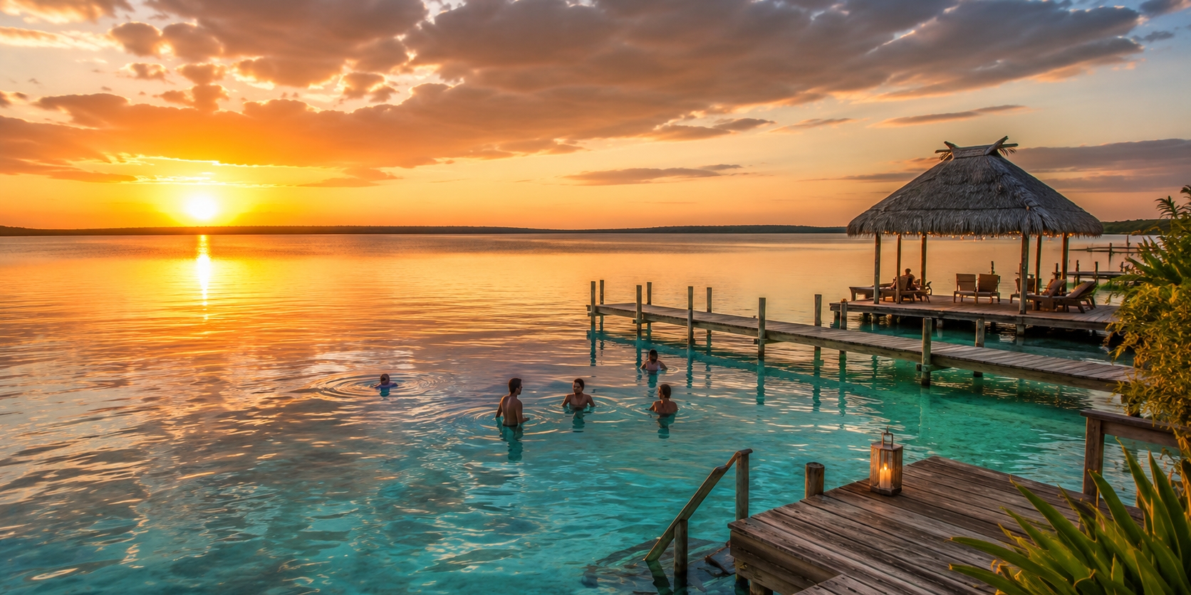 Wooden dock and waterfront eco-lodge on the shore of Bacalar lagoon