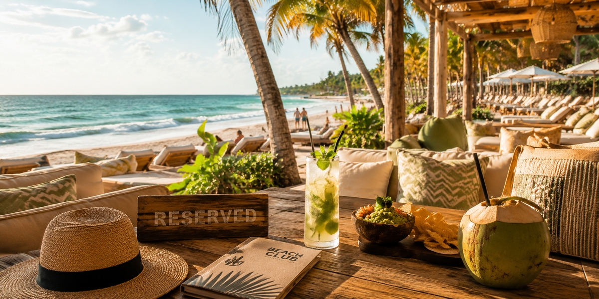 Daybeds and a service bar at a Tulum beach club illustrating the minimum consumption model