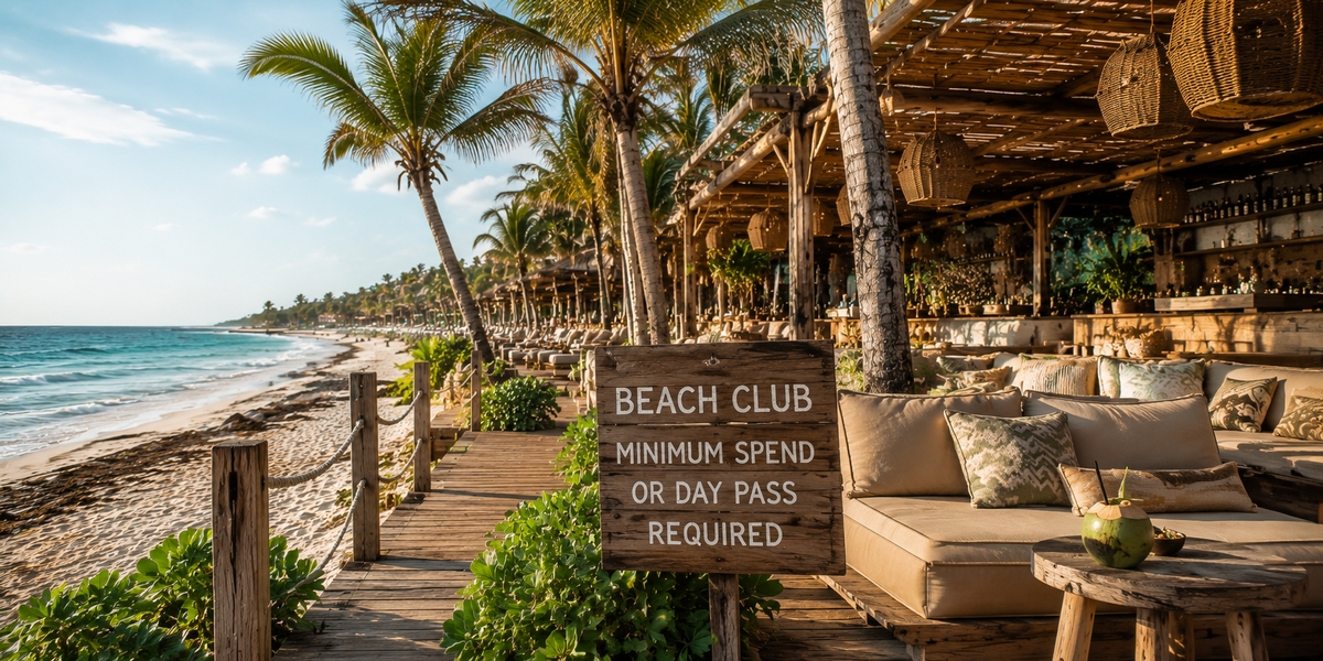 Wide public beach in Playa del Carmen with swimmers, contrasting the open-access model with Tulum