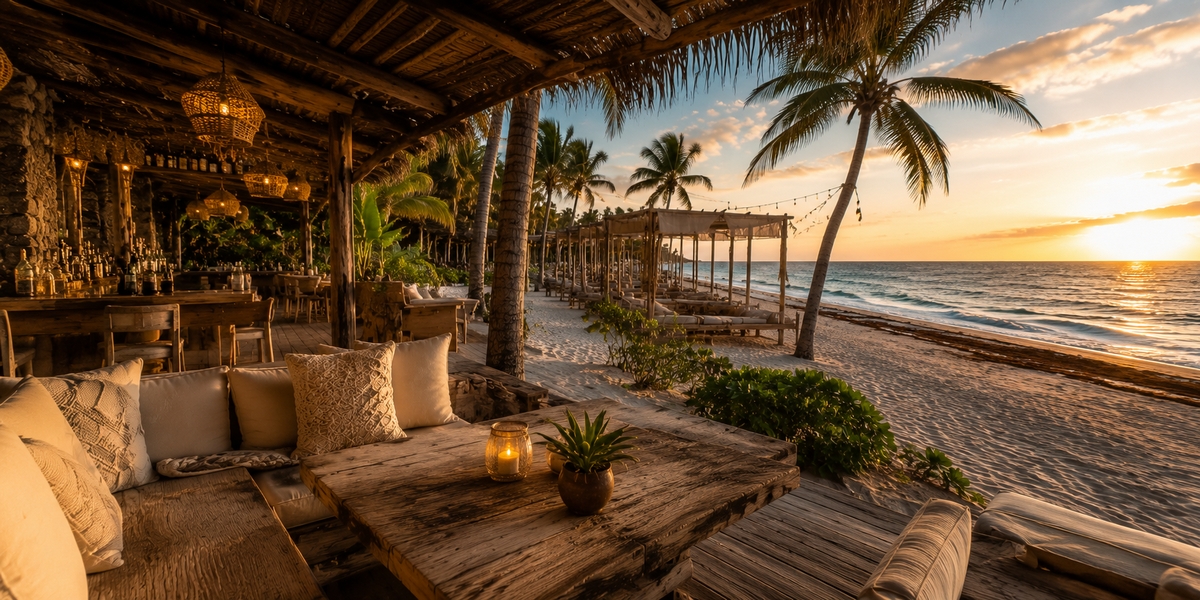 Couple relaxing on beach club daybeds under a palapa, illustrating when a full-day club is worth it