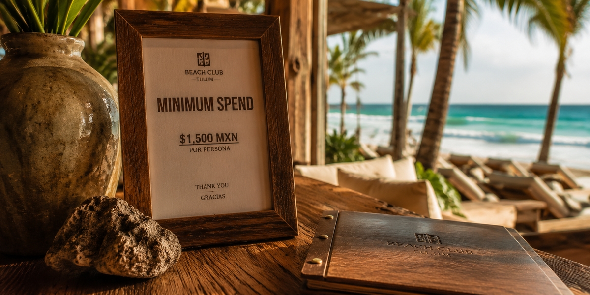 Raked, cleared beach club stretch in Tulum at morning showing how clubs manage sargassum before guests arrive