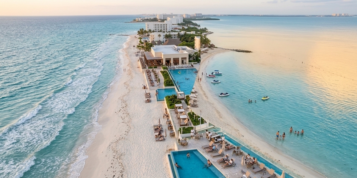 Adults-only budget-plus all-inclusive resort pool and grounds in the Cancun Hotel Zone