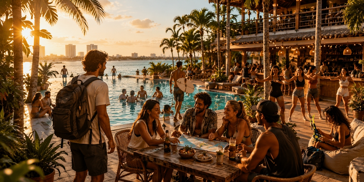 Hostel pool deck with travelers socializing in the Cancun Hotel Zone