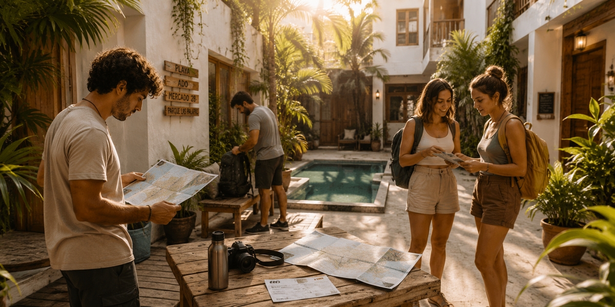 Evening crowd gathering at a hostel bar before a Cancun bar crawl