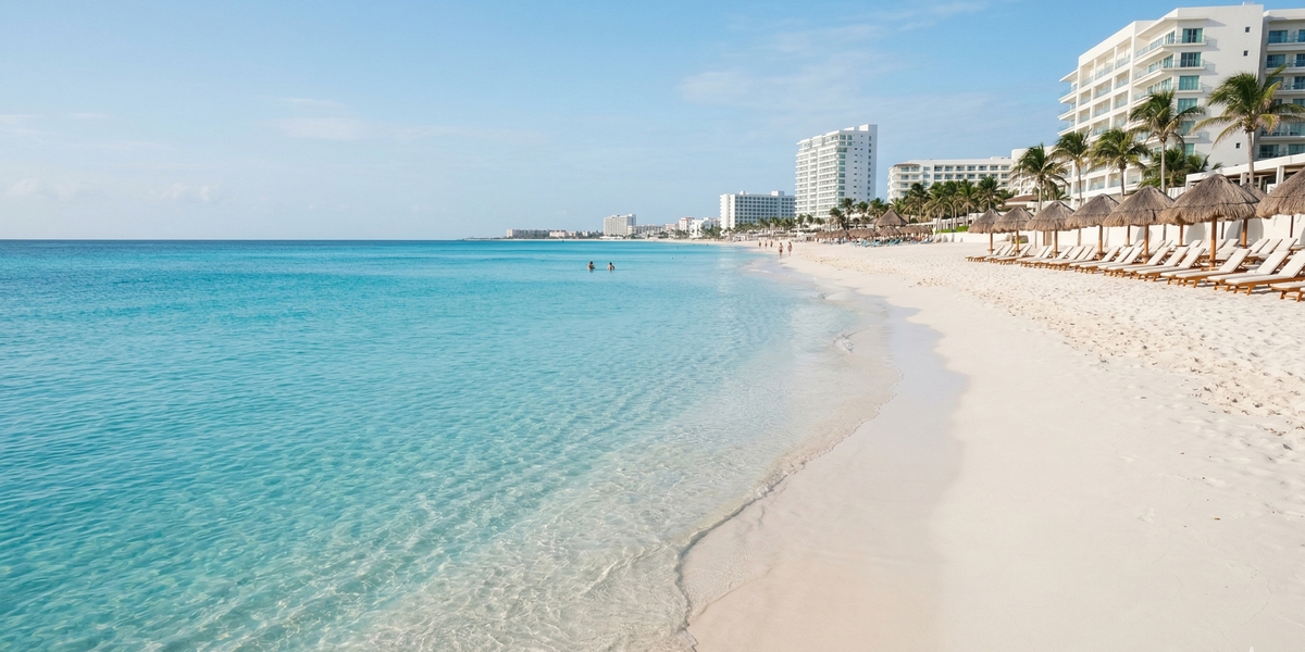 North Hotel Zone in Cancun with calm turquoise water and beach hotels