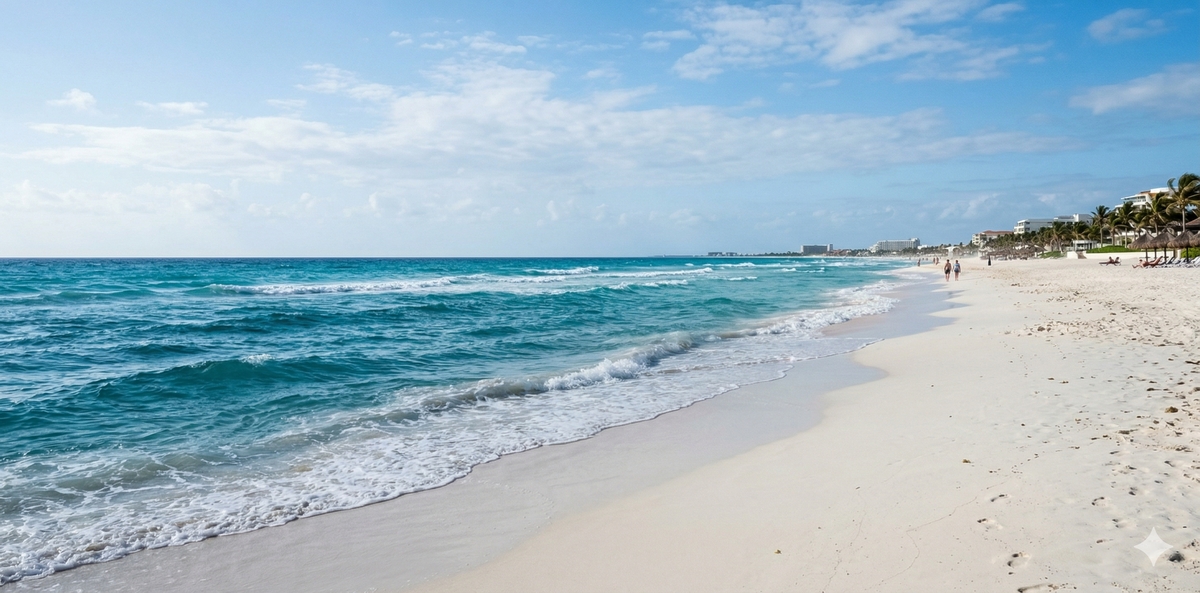 South Hotel Zone in Cancun with wide beach and stronger open-ocean waves