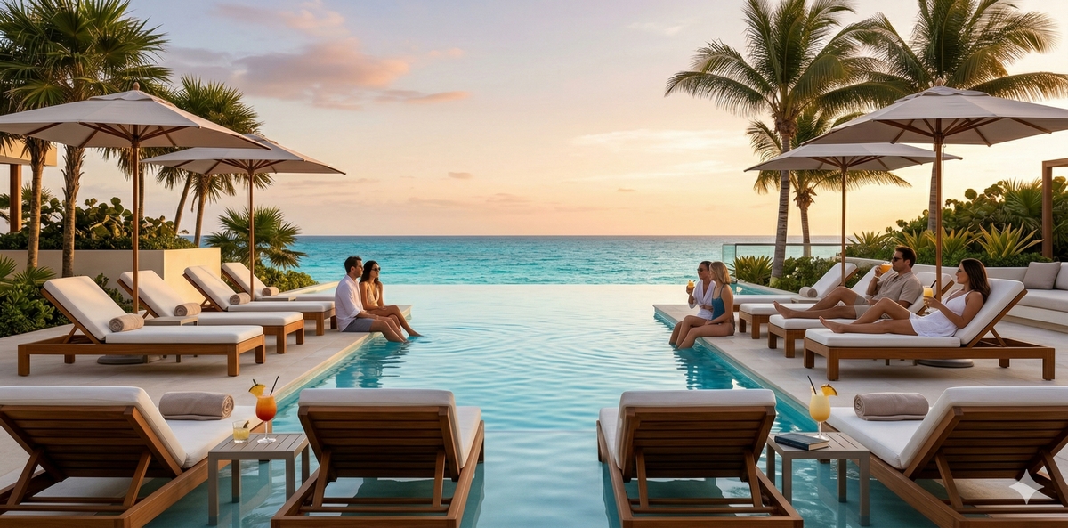 Cancun hotel pool overlooking the Caribbean Sea
