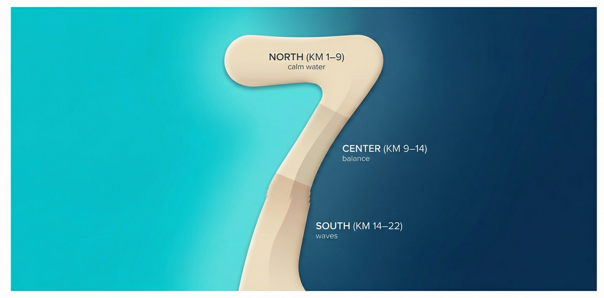 Map-style view of Cancun Hotel Zone divided into north, center and south areas