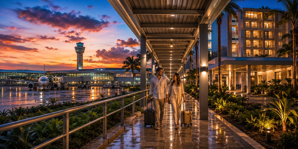 Здание Hilton Garden Inn Cancun Airport ночью в качестве примера аэропортового отеля в пешей доступности