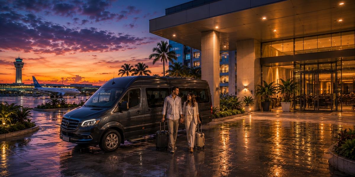 Фасад Courtyard by Marriott Cancun Airport в качестве примера выгодного аэропортового отеля с шаттлом