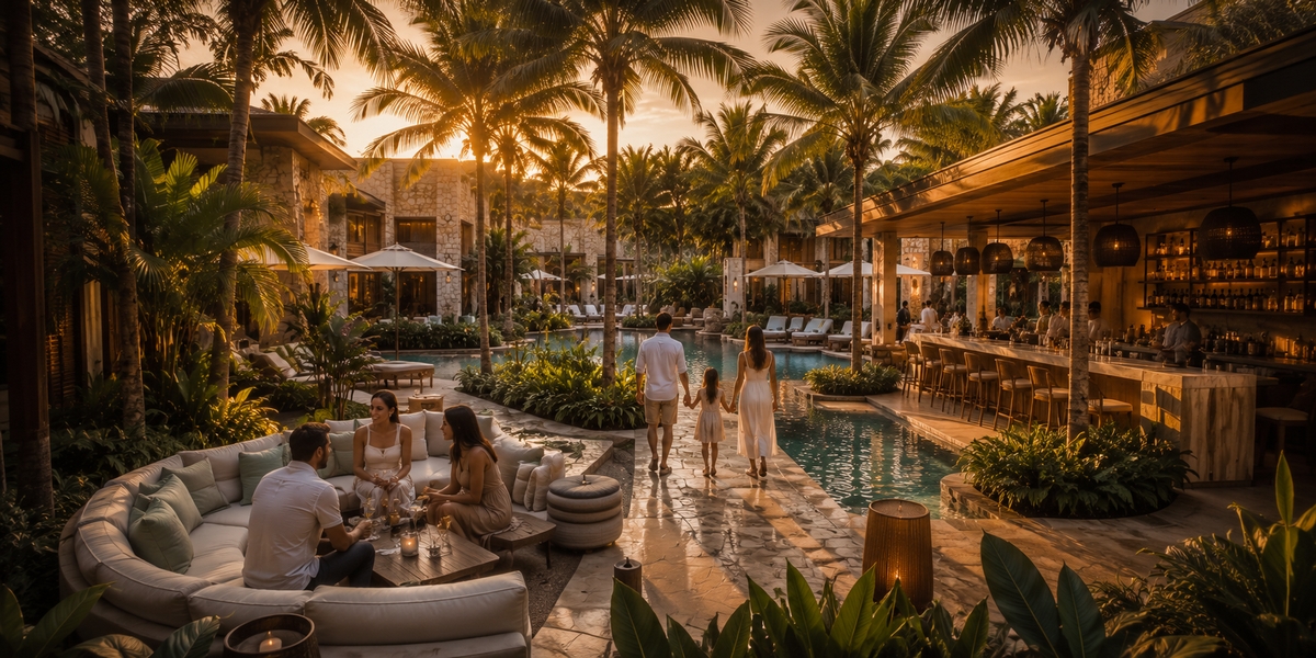 Территория курортов Fairmont и Andaz Mayakoba с каналом на Ривьера-Майя для роскошного семейного или социального отдыха