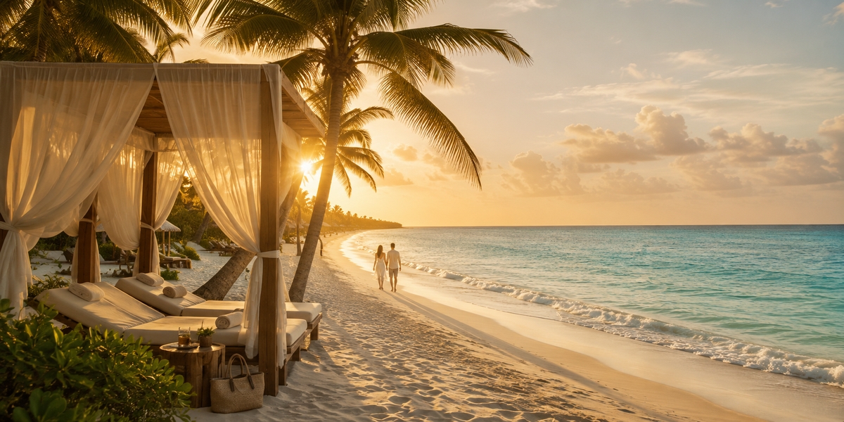 Электрическая лодка скользит по каналу Mayakoba мимо мангровых зарослей на Ривьера-Майя в золотой час