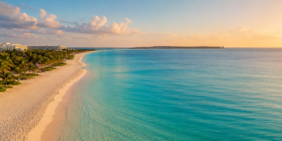 Wide calm Playa Mujeres beach facing the sheltered channel toward Isla Mujeres