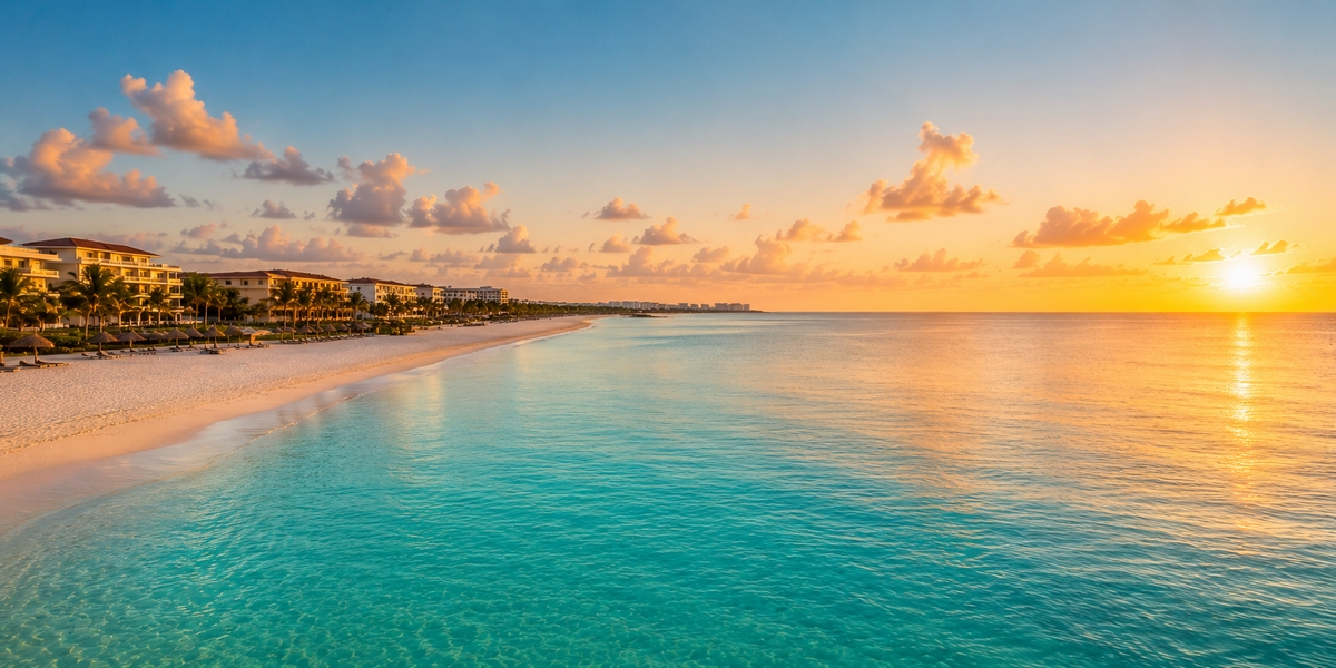 Family-friendly calm beach entry at a Playa Mujeres resort