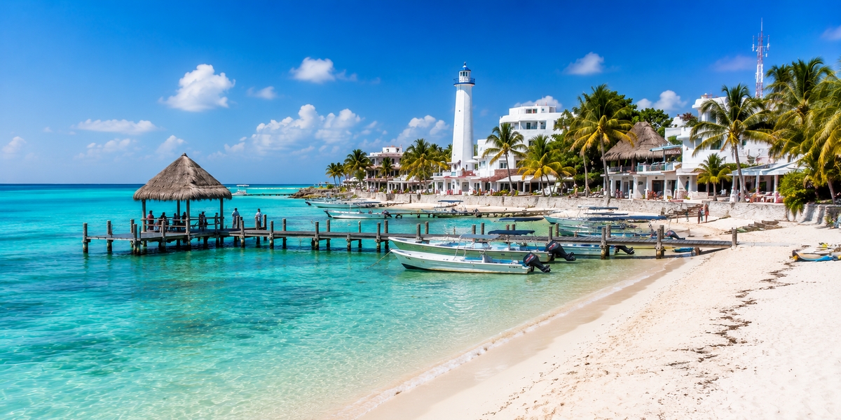 Спокойный защищенный рифом пляж в Riviera Cancun, используемый для сравнения Dreams Riviera Cancun