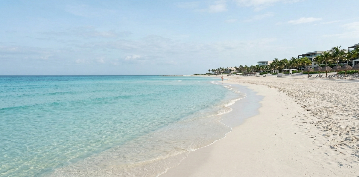 A calm, clean Cancun beach in a strong season, with white sand, turquoise water, and comfortable beach weather