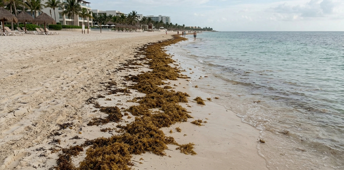 A Riviera Maya beach with a moderate amount of sargassum along the waterline, showing a realistic seasonal beach scene