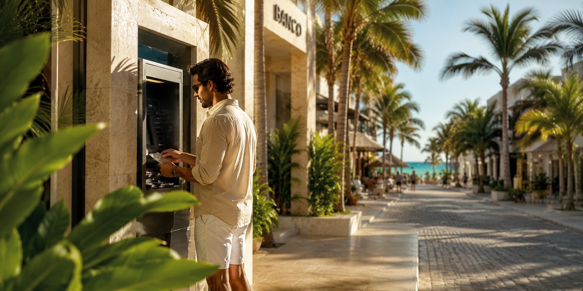 Bank ATM in Mexico used to withdraw pesos, contrasted with standalone tourist machines
