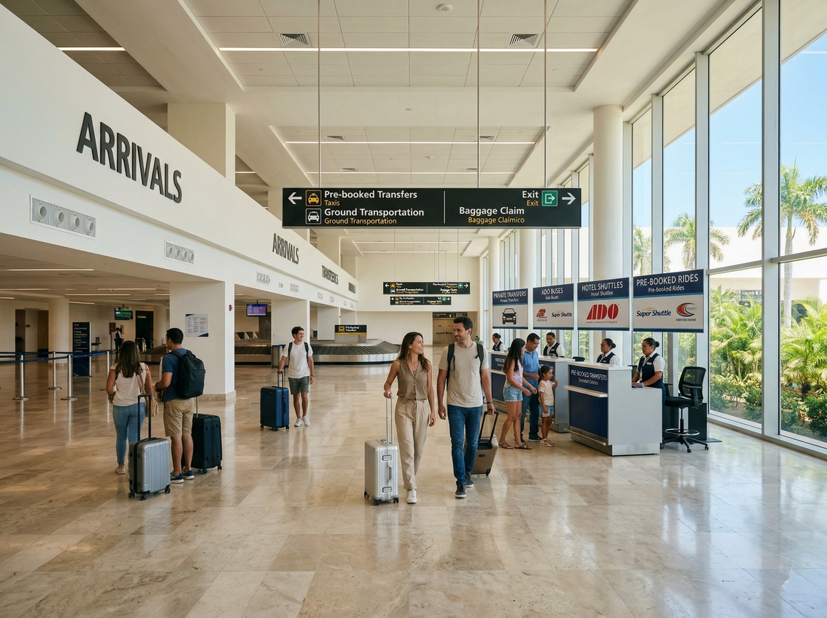 Arrival area at Cancun Airport with transfer desks