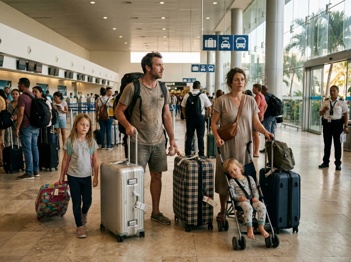 Family with kids after arriving at Cancun Airport