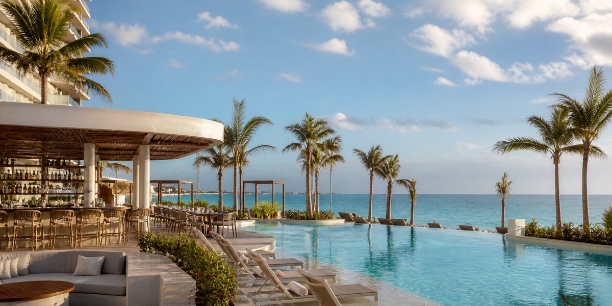 Cancun resort pool and beach area for an all-inclusive stay