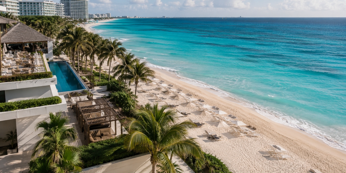 Cancun beachfront hotel area used to check beach location before booking
