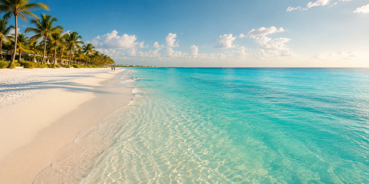 Calm turquoise Caribbean water and white sand on a sunny Cancun winter day