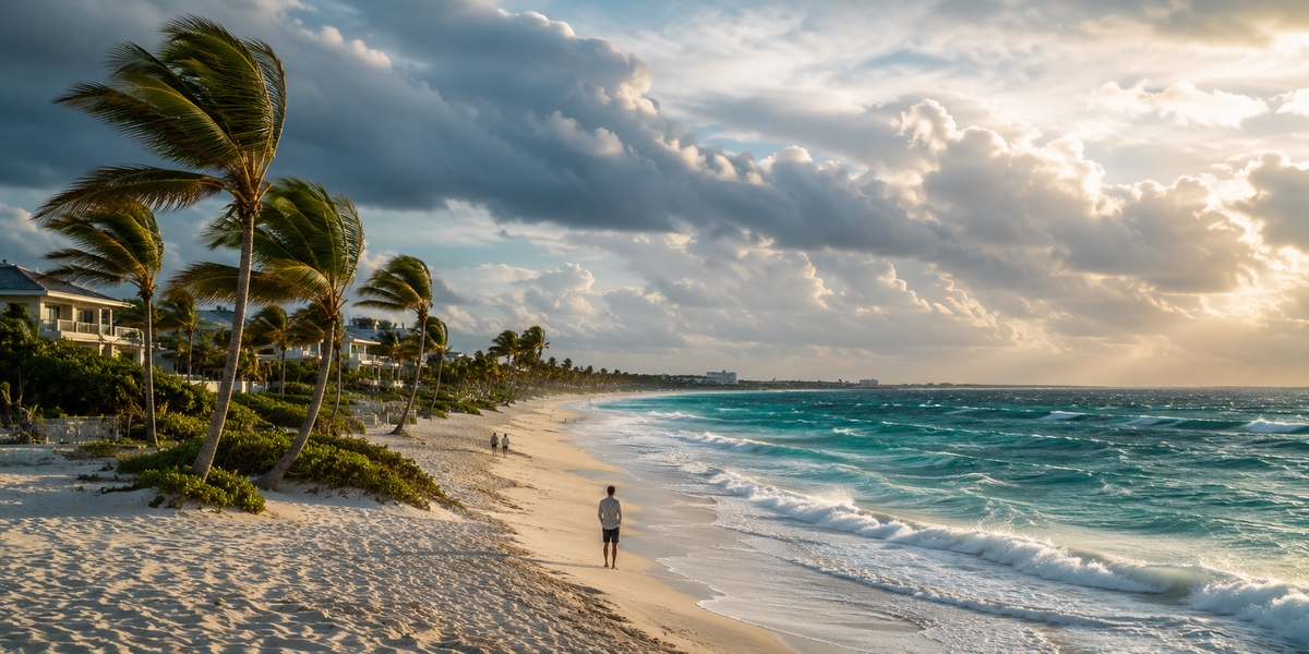 Windy, choppy sea and overcast sky during a winter cold front on the Cancun coast