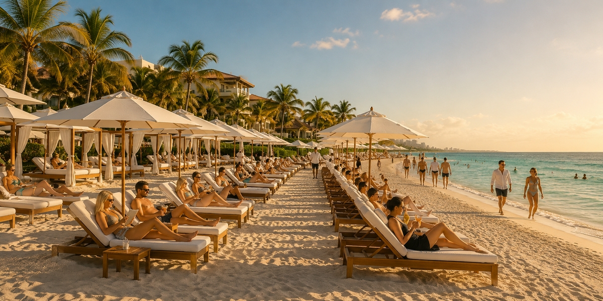 Busy Cancun resort beach packed with sun loungers and visitors during holiday peak season