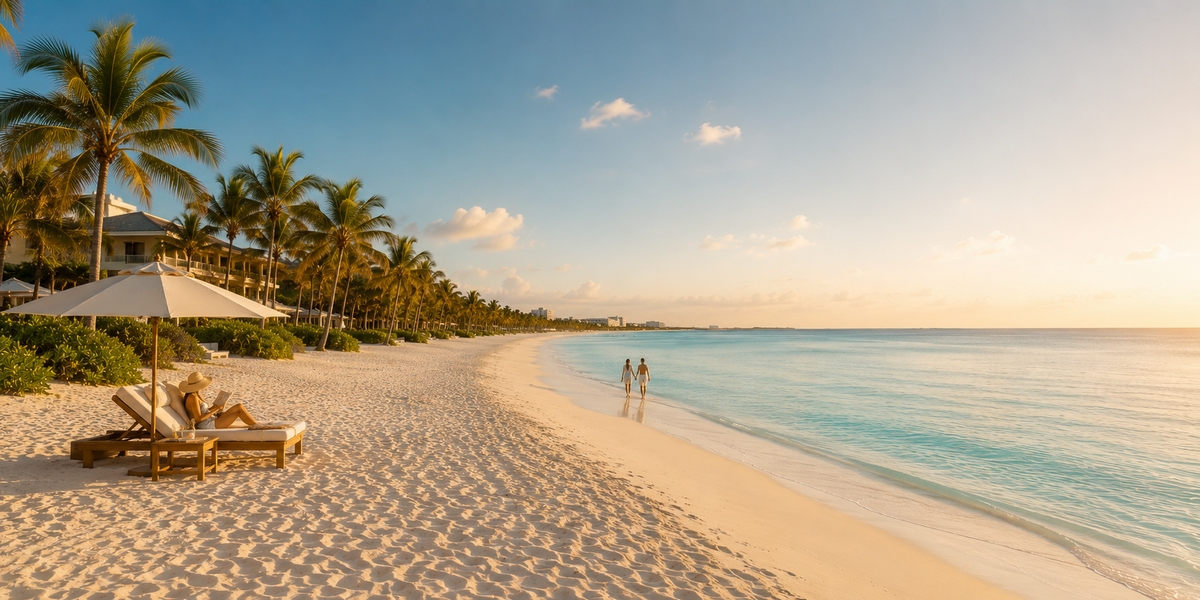Quiet Cancun beach with empty loungers on a calm winter morning outside the holiday rush