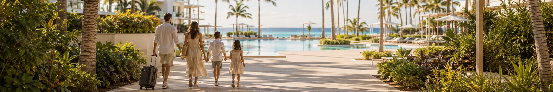 Широкий вид на семейный resort и пляж Канкуна для планирования отпуска