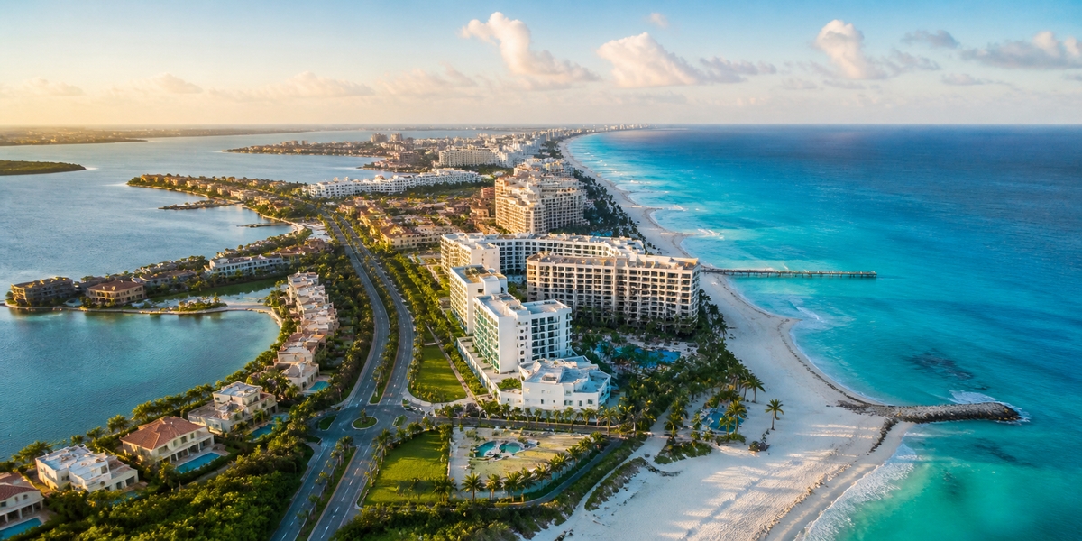 Cancun resort area used to compare hotel location and beach access before booking