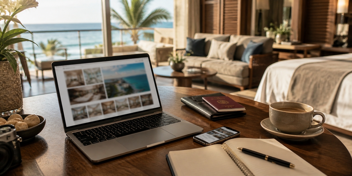 Hotel booking research setup used to compare recent reviews and room details