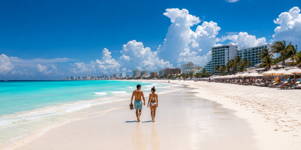 Bright Cancun beach with strong overhead sun and warm Caribbean water in summer