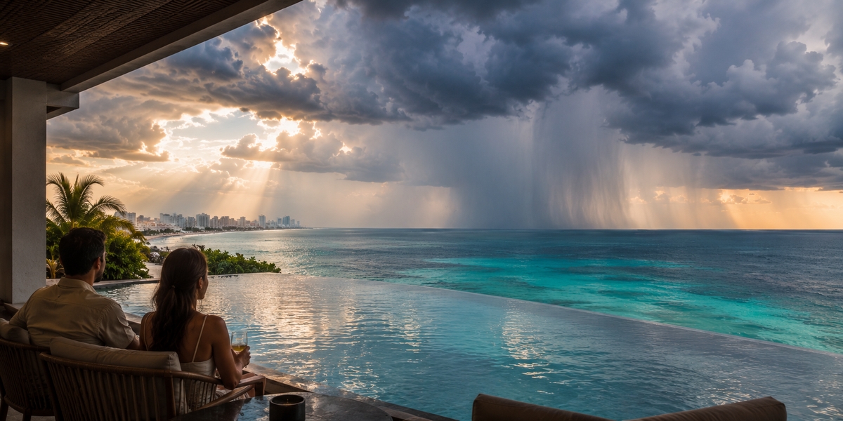Dark afternoon thunderstorm clouds building over the Cancun coast in the wet season