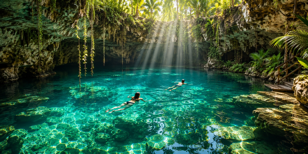 Cool, shaded cenote near Cancun, a classic midday escape from summer heat