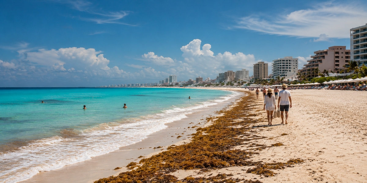Riviera Maya shoreline with seasonal sargassum seaweed washed up on the sand in summer