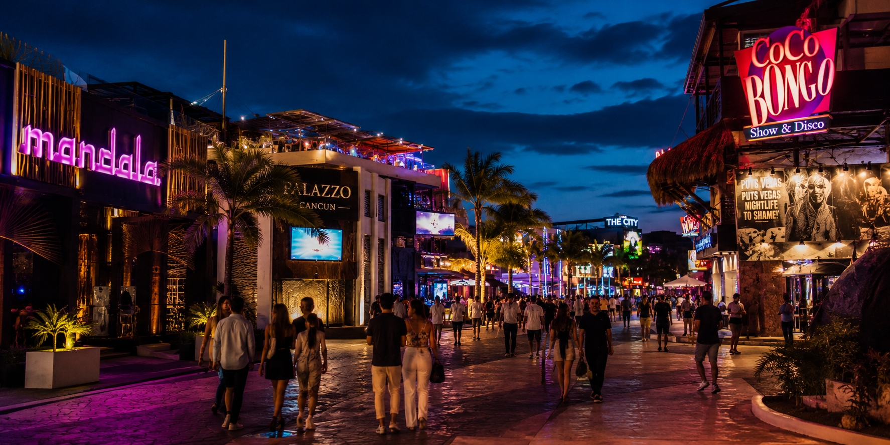 Cancun Hotel Zone club strip near Punta Cancun lit up at night with crowds