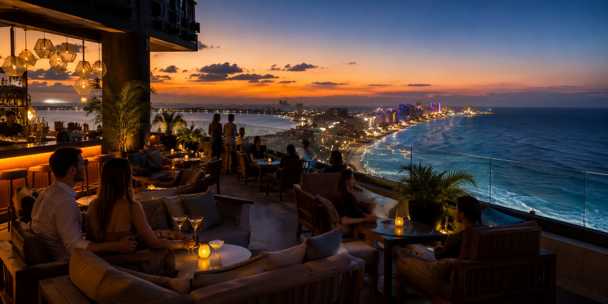 Rooftop cocktail bar in Cancun at sunset, the quieter and cheaper alternative to the club strip