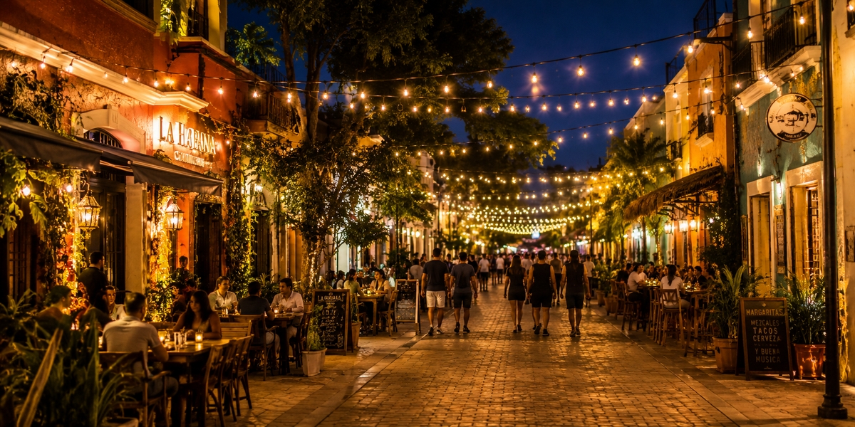 Lively downtown El Centro bar street in Cancun at night, cheaper and more local than the Hotel Zone