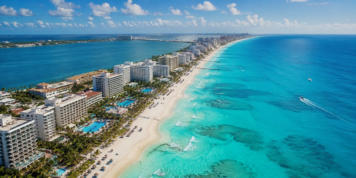 Cancun Hotel Zone all-inclusive resort beach with turquoise water and high-rise resorts
