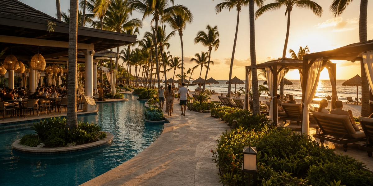 Punta Cana Bavaro beach with palm trees and a long stretch of all-inclusive resorts