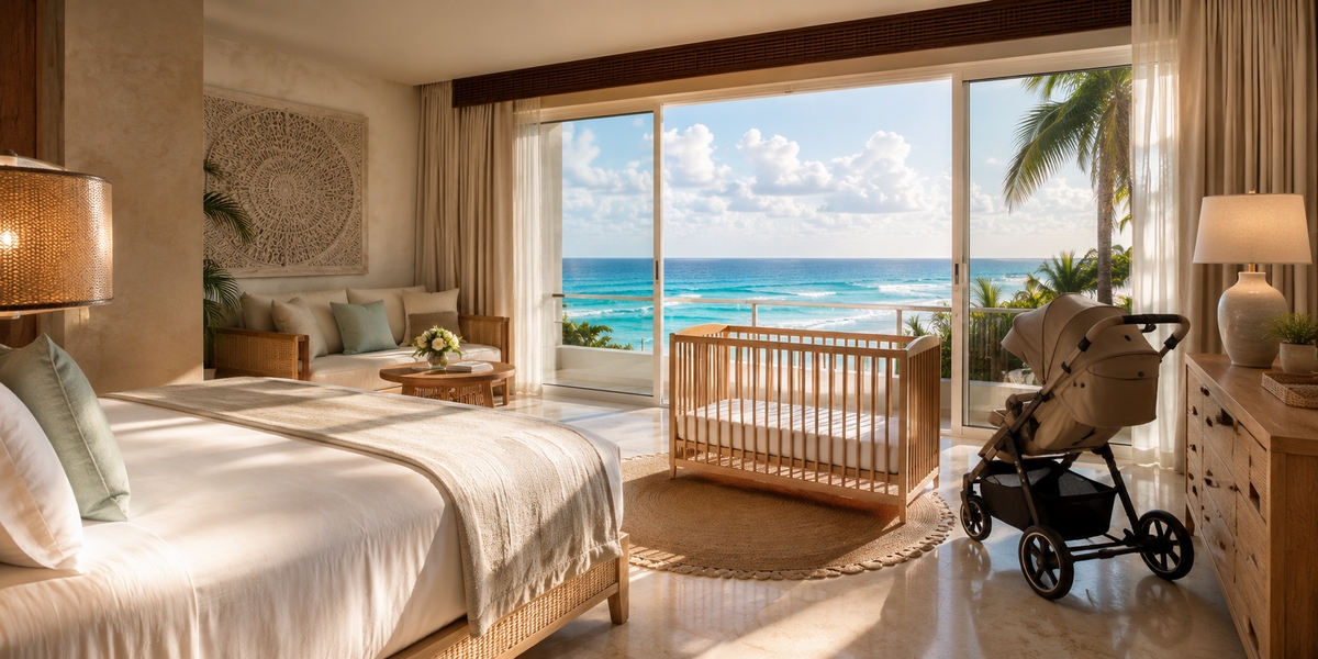 A shaded, shallow resort pool area of the kind families with toddlers should look for in Cancun