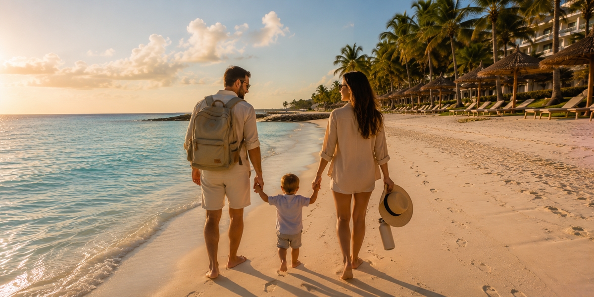 A family-friendly resort setting in Cancun with shaded loungers and a calm pool, suited to travel with young children