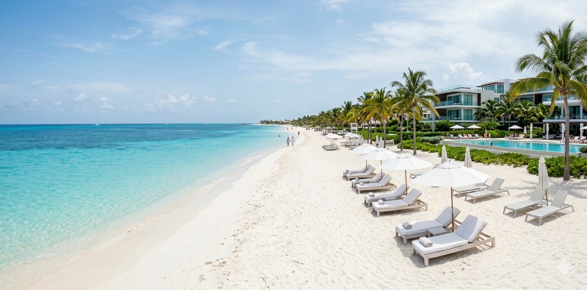 Cancun Hotel Zone with white sand, turquoise water and calm sea